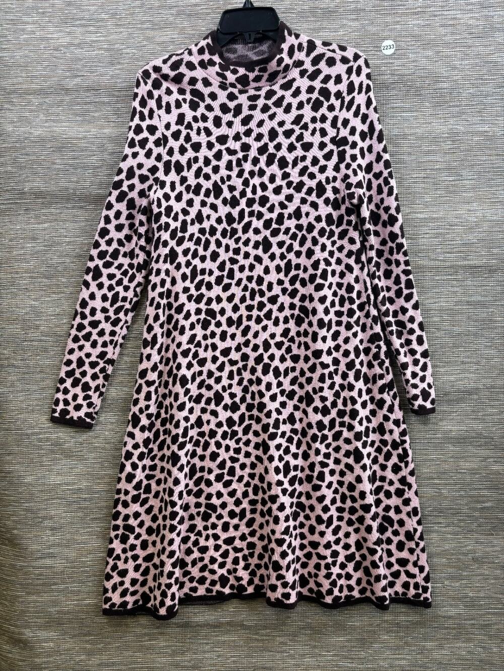 Ann Taylor Animal Print Mock Neck Sweater Dress Womens Size M Pink/Black